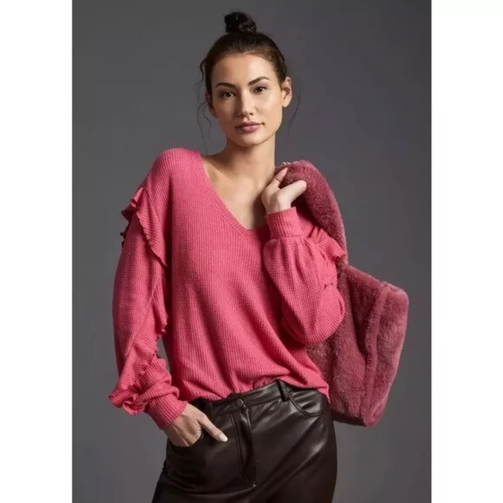 Anthropologie Pilcro - Ruffled V-Neck Shirt Waffle Knit Raspberry Pink - Size S